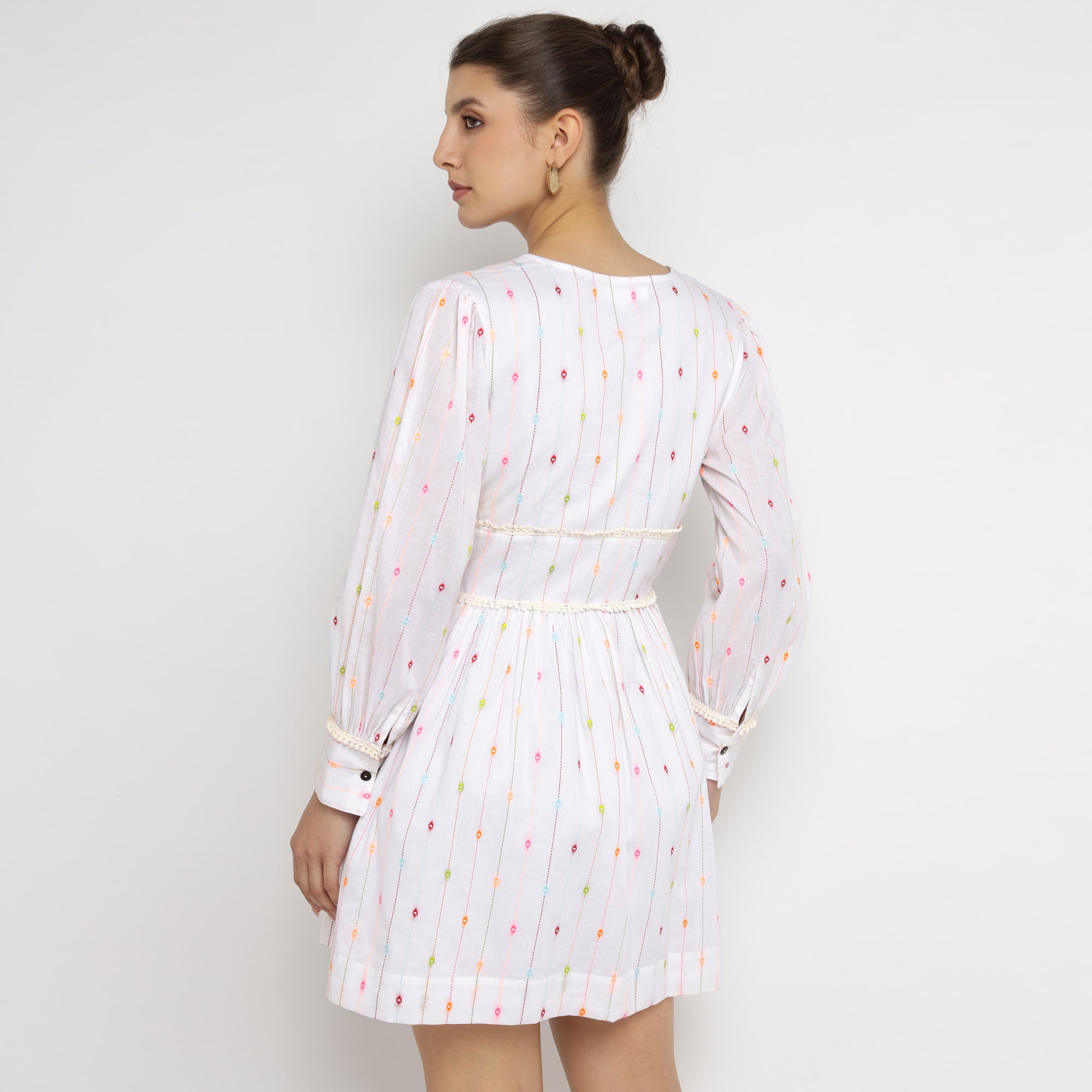 Whimsical White Woven Stripe Mini Dress